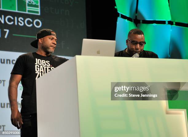 RecordGram Co-Founders Shawn MIMS and Winston 'DJ Blackout' Thomas speak onstage during TechCrunch Disrupt SF 2017 at Pier 48 on September 20, 2017...