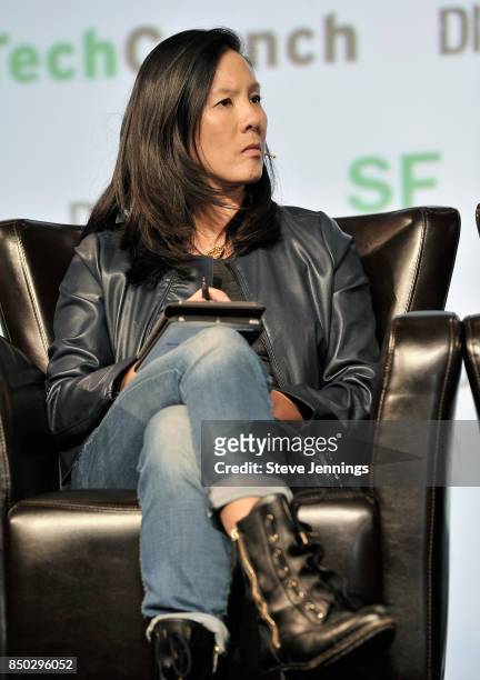 Cowboy Ventures Founder Aileen Lee judges the Startup Battlefield Final Competition during TechCrunch Disrupt SF 2017 at Pier 48 on September 20,...