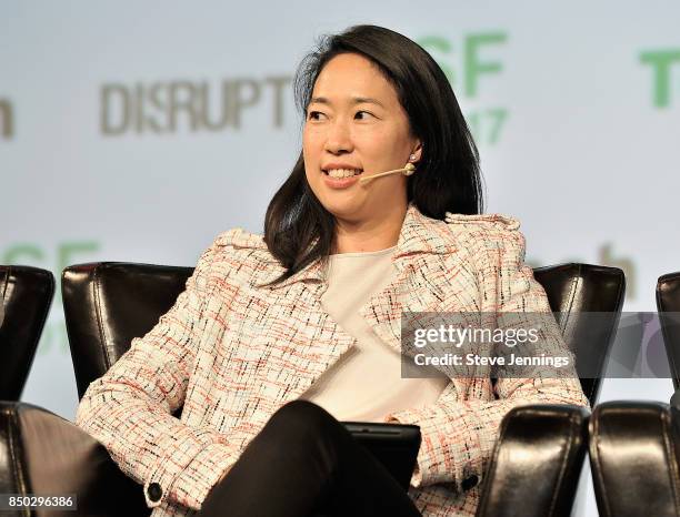 Floodgate Managing Partner Ann Miura-Ko judges the Startup Battlefield Final Competition during TechCrunch Disrupt SF 2017 at Pier 48 on September...