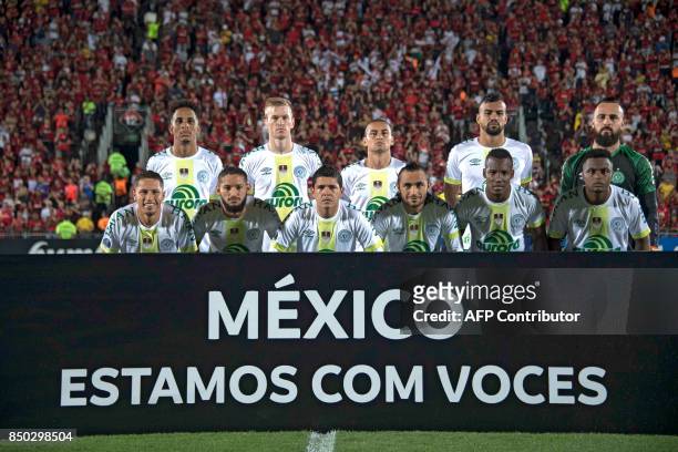 Brazil's Chapecoense team pose for pictures before their 2017 Copa Sudamericana football match against Brazil's Flamengo held at Ilha do Urubu...