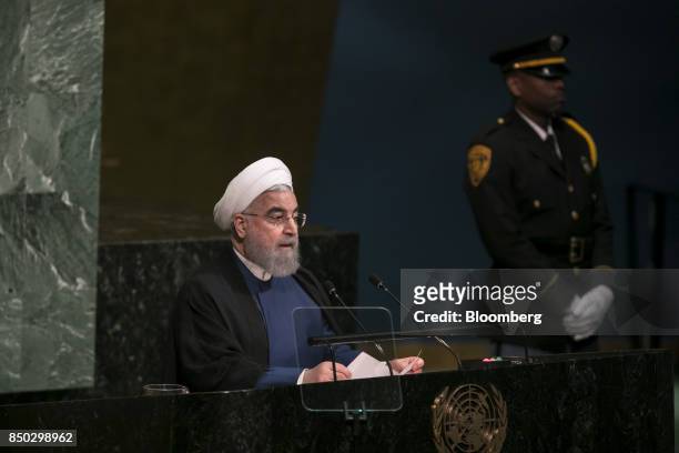 Hassan Rouhani, Iran's president, speaks during the UN General Assembly meeting in New York, U.S., on Wednesday, Sept. 20, 2017. Rouhani rejected any...