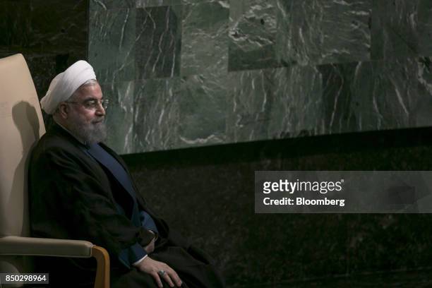 Hassan Rouhani, Iran's president, sits after speaking during the UN General Assembly meeting in New York, U.S., on Wednesday, Sept. 20, 2017....