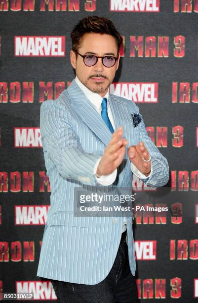 Robert Downey Jr at a photocall for new film Iron Man 3 at the Dorchester Hotel in London.