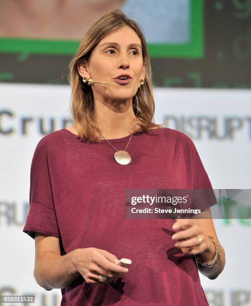 Future Family Co-Founder and CEO Claire Tomkins participates in the Startup Battlefield finals during TechCrunch Disrupt SF 2017 at Pier 48 on...