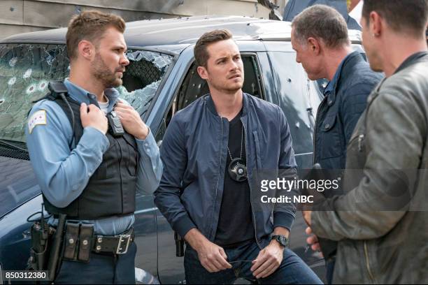 The Thing About Heroes" Episode 503 -- Pictured: Patrick John Flueger as Adam Ruzek, Jesse Lee Soffer as Jay Halstead, Jason Beghe as Hank Voight --