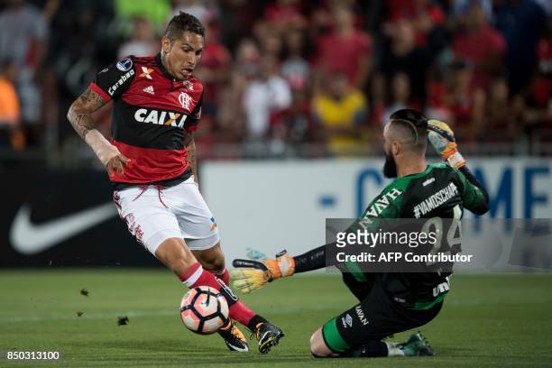 Jandrei of Brazil's Chapecoense vies for the ball with Guerrero of Brazil's Flamengo during their 2017 Copa Sudamericana football match at Ilha do...