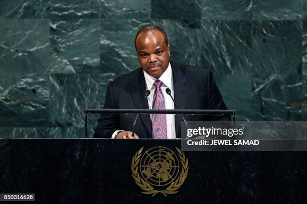 Swaziland's King Mswati III addresses the 72nd Session of the United Nations General assembly at the UN headquarters in New York on September 20,...