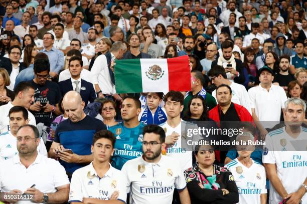 One minute of silence in honor of Mexico earthquake victims is held at Estadio Santiago Bernabeu prior to start the La Liga match between Real Madrid...