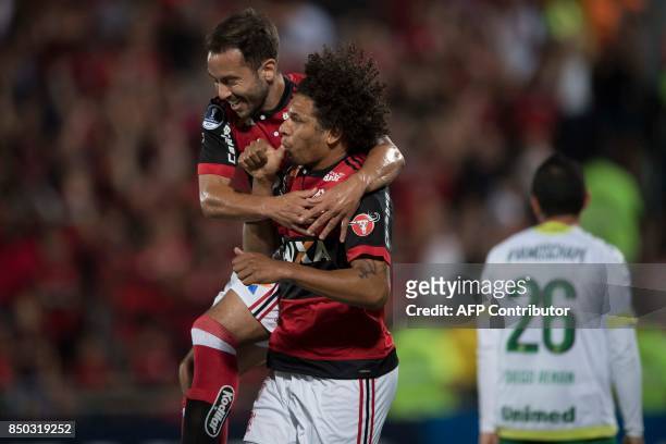 William Arao from Brazil's Flamengo celebrates with his teammates after scoring against Brazil's Chapecoense during their 2017 Copa Sudamericana...