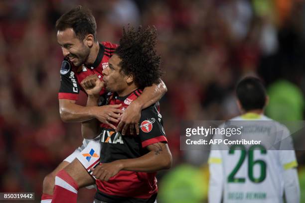 William Arao from Brazil's Flamengo celebrates with his teammates after scoring against Brazil's Chapecoense during their 2017 Copa Sudamericana...