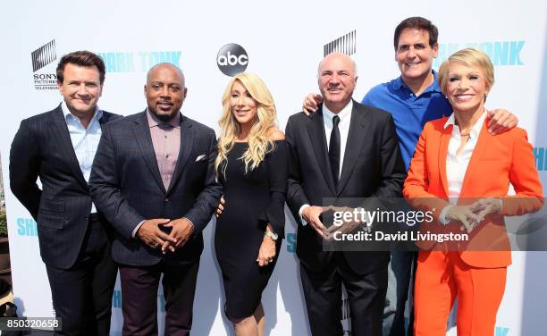 Personalities Robert Herjavec, Daymond John, Lori Greiner, Kevin O'Leary, Mark Cuban and Barbara Corcoran attend the premiere of ABC's "Shark Tank"...