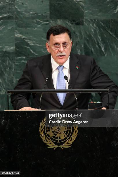 Fayez al-Sarraj, chairman of the Presidential Council of Libya, addresses United Nations General Assembly at UN headquarters, September 20, 2017 in...