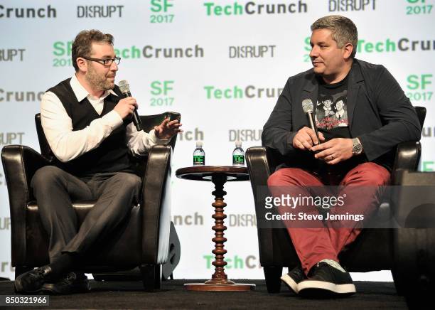Nest Labs Co-Founder and Chief Product Officer Matt Rogers and TechCrunch moderator John Biggs speak onstage during TechCrunch Disrupt SF 2017 at...