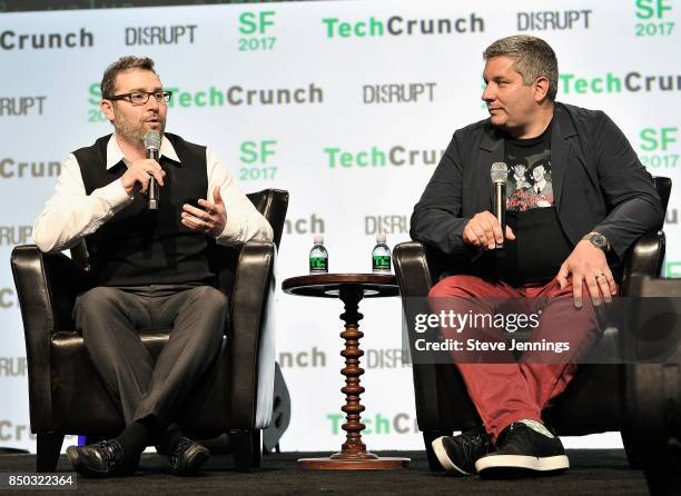 Nest Labs Co-Founder and Chief Product Officer Matt Rogers and TechCrunch moderator John Biggs speak onstage during TechCrunch Disrupt SF 2017 at...