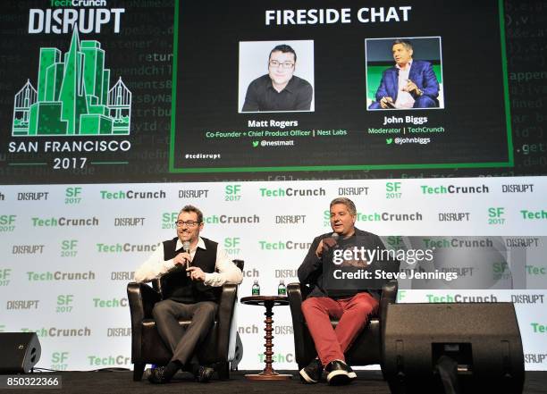 Nest Labs Co-Founder and Chief Product Officer Matt Rogers and TechCrunch moderator John Biggs speak onstage during TechCrunch Disrupt SF 2017 at...