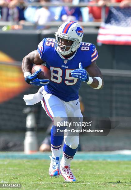 Charles Clay of the Buffalo Bills makes a catch against the Carolina Panthers during their game at Bank of America Stadium on September 17, 2017 in...