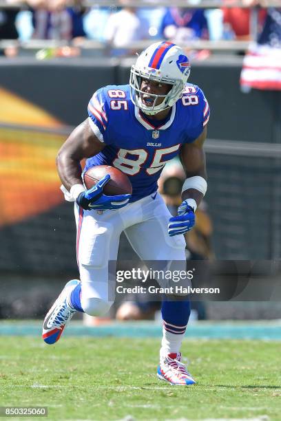 Charles Clay of the Buffalo Bills makes a catch against the Carolina Panthers during their game at Bank of America Stadium on September 17, 2017 in...