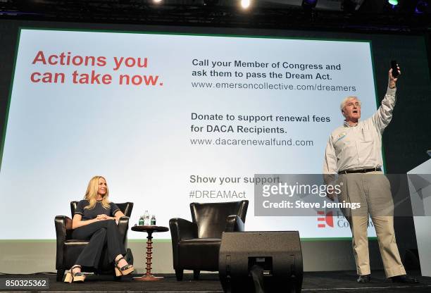 Emerson Collective Founder and President Laurene Powell Jobs and SV Angel Co-Founder and Managing Partner Ron Conway speak onstage during TechCrunch...