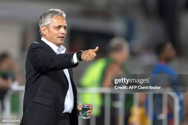 Coach Reinaldo Rueda of Brazil's Flamengo gestures during their 2017 Copa Sudamericana football match against Brazil's Chapecoense held at Ilha do...