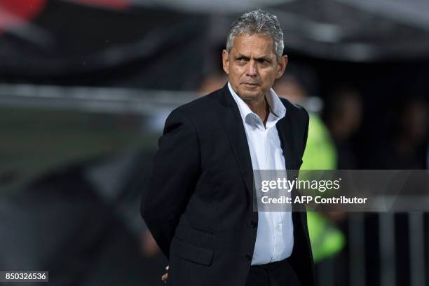 Coach Reinaldo Rueda of Brazil's Flamengo gestures during their 2017 Copa Sudamericana football match against Brazil's Chapecoense held at Ilha do...