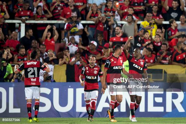 Juan from Brazil's Flamengo celebrates with his teammates after scoring a goal against Brazil's Chapecoense during 2017 Copa Sudamericana football...