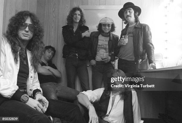 Photo of Ian PAICE and Neil MURRAY and WHITESNAKE and Bernie MARSDEN and Jon LORD and Micky MOODY and David COVERDALE; L-R: David Coverdale, Bernie...