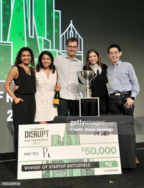 Pi Co-Founder and CTO Lixin Shi and Pi Co-Founder and CEO John MacDonald win the Startup Battlefield finals and are presented with a check during...