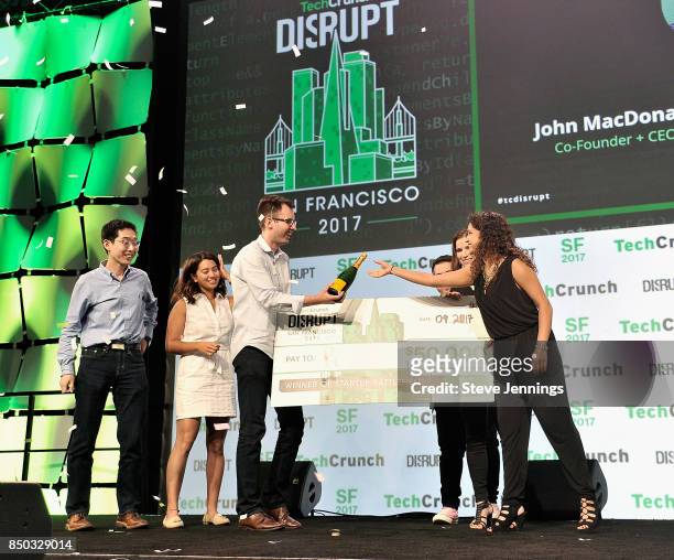 Pi Co-Founder and CTO Lixin Shi and Pi Co-Founder and CEO John MacDonald win the Startup Battlefield finals during TechCrunch Disrupt SF 2017 at Pier...