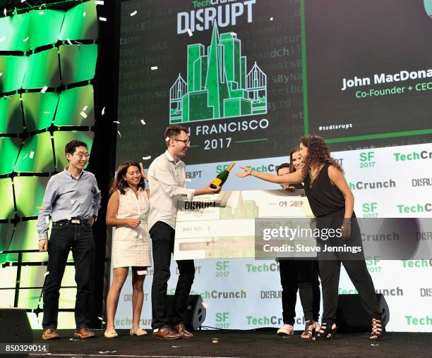 Pi Co-Founder and CTO Lixin Shi and Pi Co-Founder and CEO John MacDonald win the Startup Battlefield finals during TechCrunch Disrupt SF 2017 at Pier...