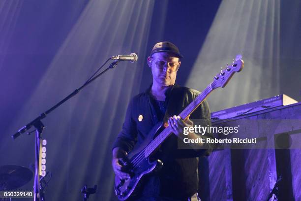 American bass guitarist Scott Devendorf of The National performs live on stage at Usher Hall on September 20, 2017 in Edinburgh, Scotland.