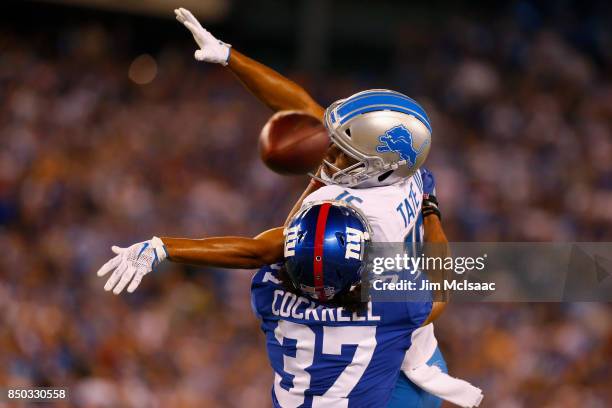 Ross Cockrell of the New York Giants defends against Golden Tate of the Detroit Lions on September 18, 2017 at MetLife Stadium in East Rutherford,...