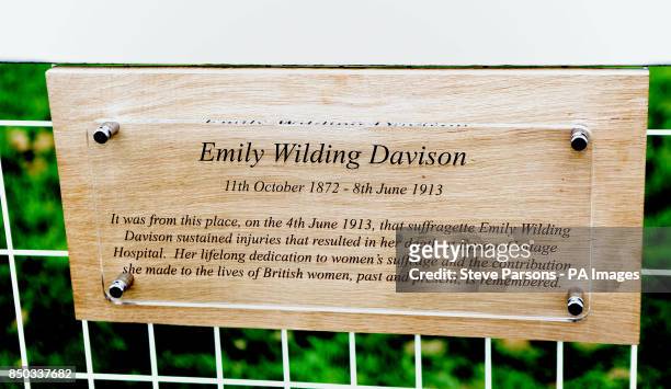 Plaque that was unveiled for suffragette Emily Davison at Tattenham Corner at Epsom Downs Racecourse.