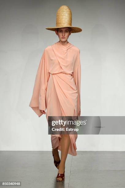 Model walks the runway at the A.W.A.K.E show during London Fashion Week September 2017 on September 19, 2017 in London, England.