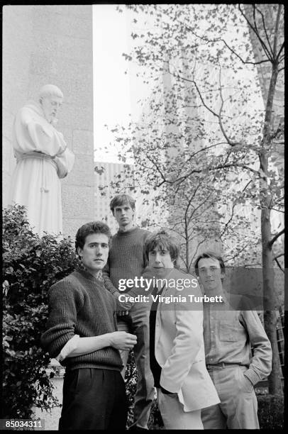 Orchestral Manouevres In The Dark pose for a group portrait in New York on Columbus Day, 9th October 1981. Andy McCluskey, Paul Humphreys, Malcolm...