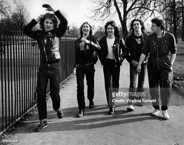 Photo of Clive BURR and Steve HARRIS and IRON MAIDEN and Paul DI'ANNO and Dennis STRATTON and Dave MURRAY; L-R: Clive Burr, Dave Murray, Steve...
