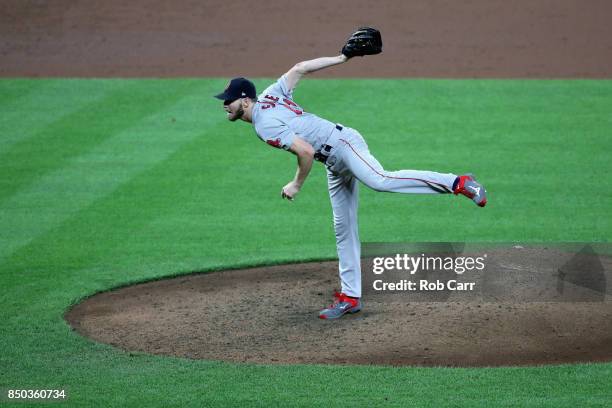 Chris Sale of the Boston Red Sox pitches to Ryan Flaherty of the Baltimore Orioles in the eighth inning at Oriole Park at Camden Yards on September...