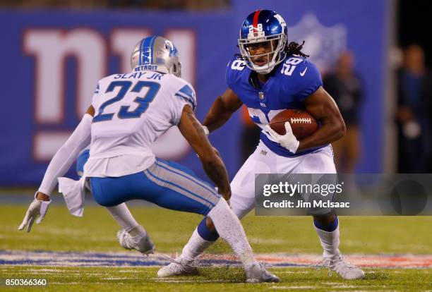 Paul Perkins of the New York Giants in action against Darius Slay of the Detroit Lions on September 18, 2017 at MetLife Stadium in East Rutherford,...