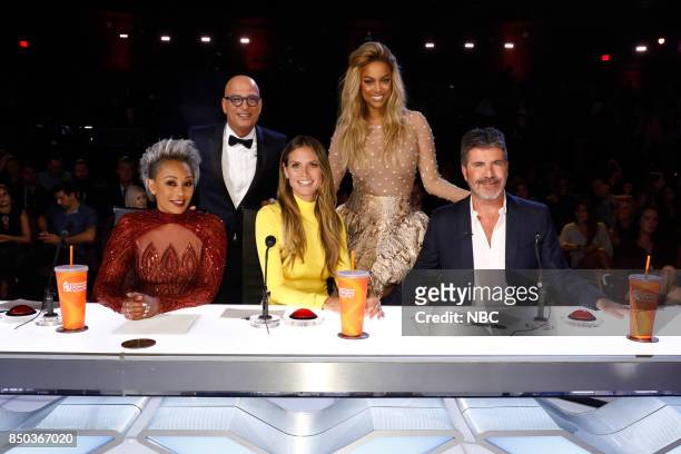 Live Finale Results" Episode 1224 -- Pictured: Mel B, Howie Mandel, Heidi Klum, Tyra Banks, Simon Cowell --