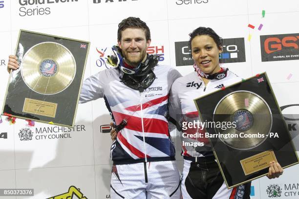 Great Britain's Liam Phillips and Shanaze Reade celebrate with their medals at the end of day two of the UCI BMX Supercross World Championship at the...