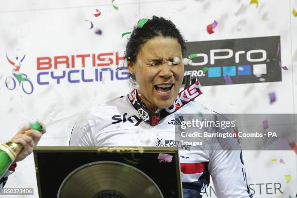 Great Britains Shanaze Reade celebrates winning at the end of day two of the UCI BMX Supercross World Championship at the National Cycling Centre,...