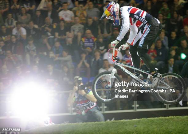 Great Britains Shanaze Reade leads the pack on her way to winning the final at the end of day two of the UCI BMX Supercross World Championship at the...