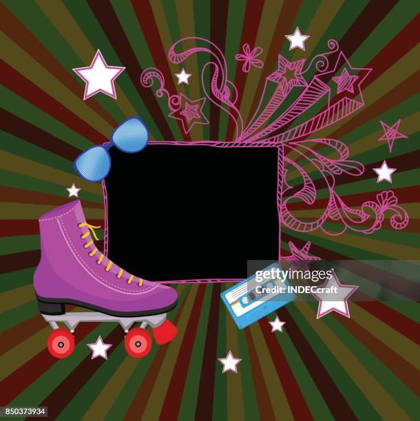 stockillustraties, clipart, cartoons en iconen met 80s rolschaatsen cassette spektakel en doodle frame - elektro roller