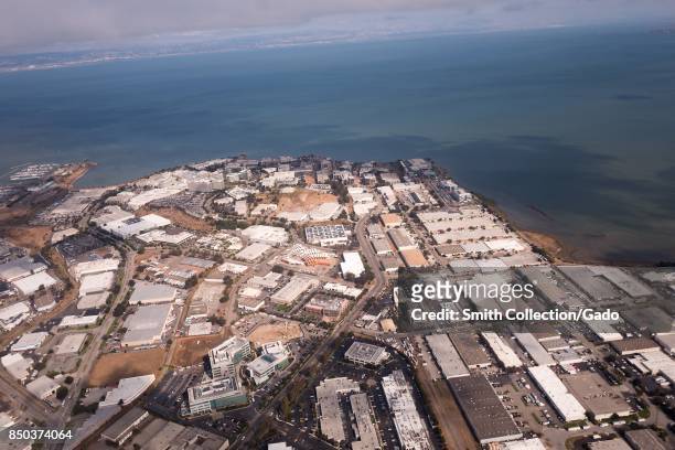 Aerial view of the campus of bio-pharmaceutical company Genentech, in South San Francisco, California, September 13, 2017.