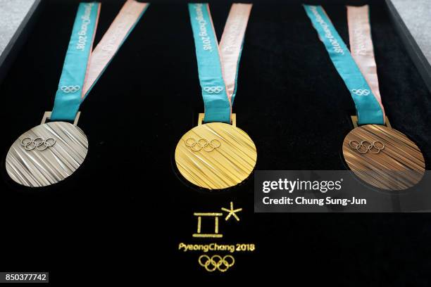 PyeongChang 2018 Olympic Games medals are unveiled at the Seoul Dongdaemun Design Plaza on September 21, 2017 in Seoul, South Korea.