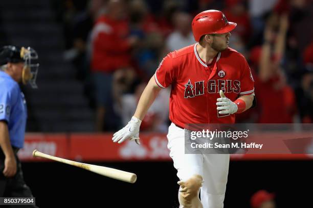 Cron of the Los Angeles Angels of Anaheim hits a solo homerun during the fifth inning of a game against the Cleveland Indians at Angel Stadium of...