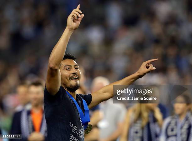 Roger Espinoza of Sporting Kansas City celebrates after Sporting defeated the New York Red Bulls 2-1 to win the 2017 U.S Open Cup Final at Children's...