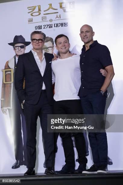 Colin Firth, Taron Egerton and Mark Strong attend the 'Kingsman: The Golden Circle' press conference at Yongsan CGV on September 21, 2017 in Seoul,...