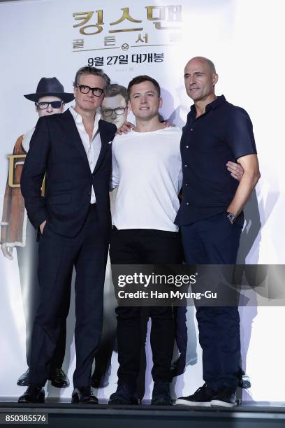 Colin Firth, Taron Egerton and Mark Strong attend the 'Kingsman: The Golden Circle' press conference at Yongsan CGV on September 21, 2017 in Seoul,...