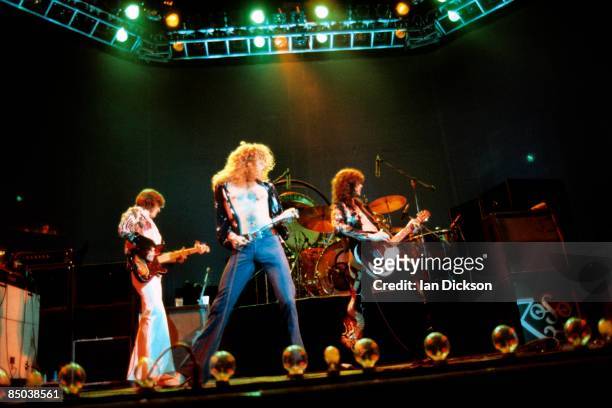 Photo of LED ZEPPELIN, L-R: John Paul Jones, Robert Plant, Jimmy Page performing live onstage