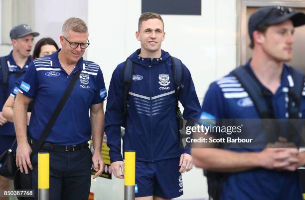 Joel Selwood of the Cats arrives to fly to Adelaide at Melbourne Airport on September 21, 2017 in Melbourne, Australia.